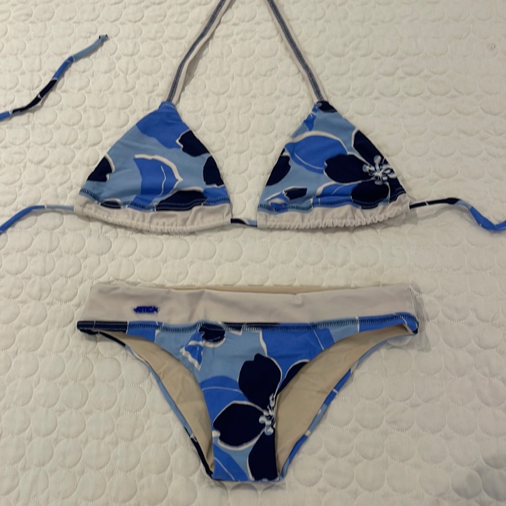 Women small white and blue Hand made triangle bikini top white stitch floral